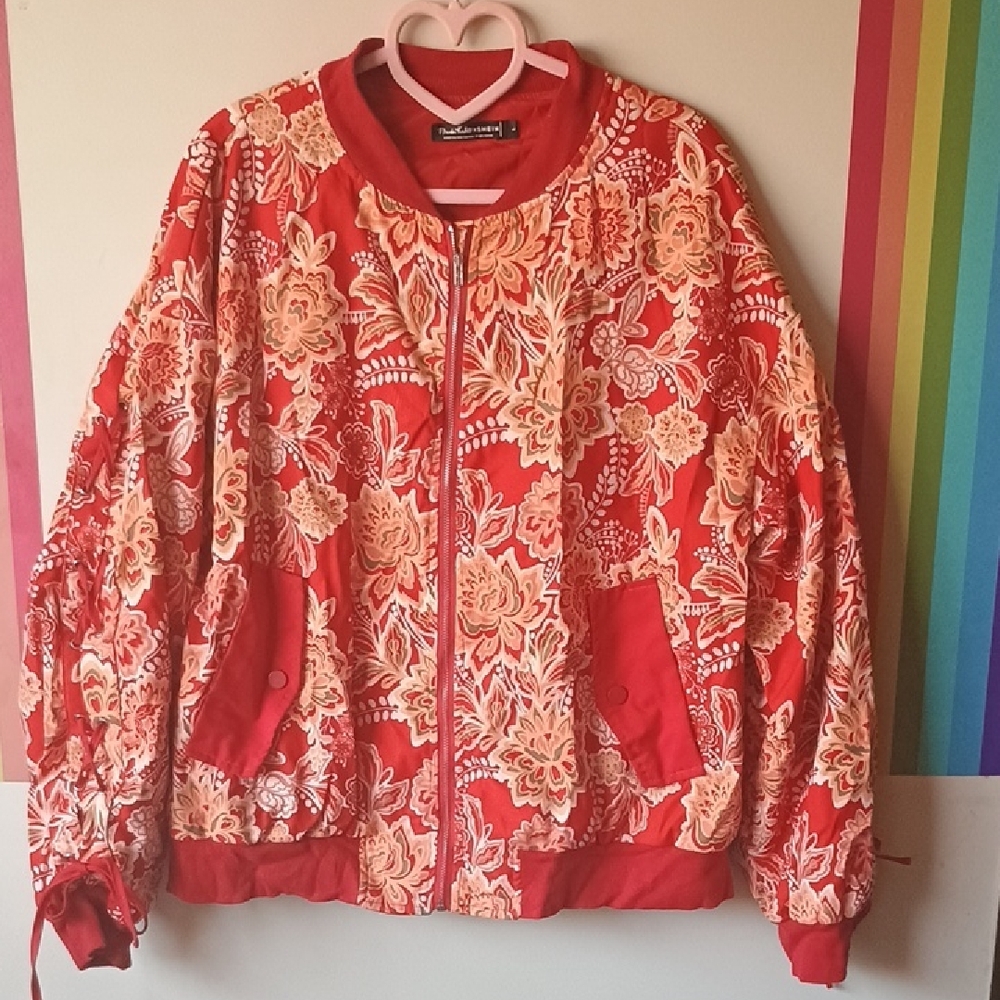 Shein X Frida Kahlo Red Floral Bomber Jacket